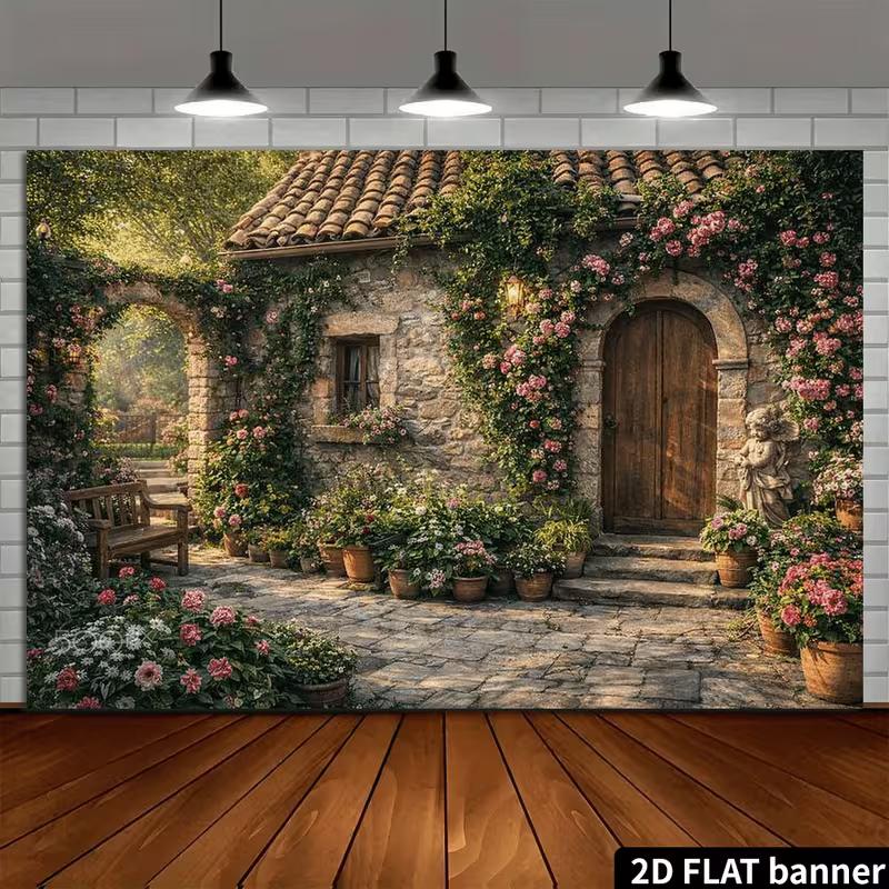 2D Romantic Cottage Backdrop Stone House Blooming Roses Studio Photo Background Cloth