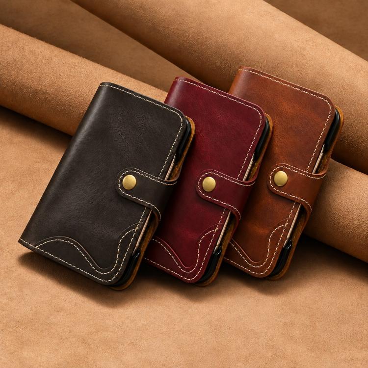 Denior B01 Oil Wax Cowhide Magnetic Button Genuine Leather Case