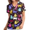 Uniforme Clinica Donna Stampa Cartone Animato Gatto Moda Infermiera Scollo a V Manica Corta Assistenza Sanitaria