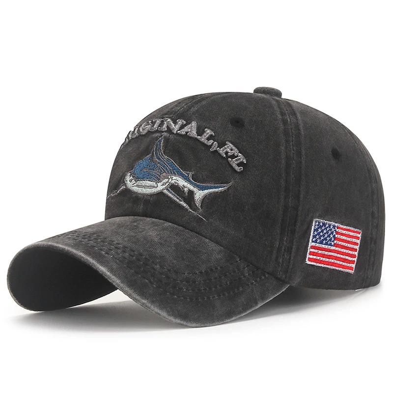 Shark Graphic and American Flag Embroidery Men Women Adjustable Soft Top Baseball Cap