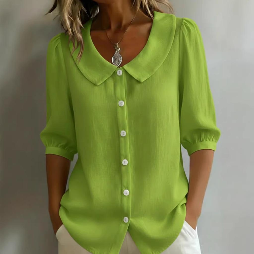European and American design sense niche commuter linen new spinning shirt short sleeve loose v-neck women's summer