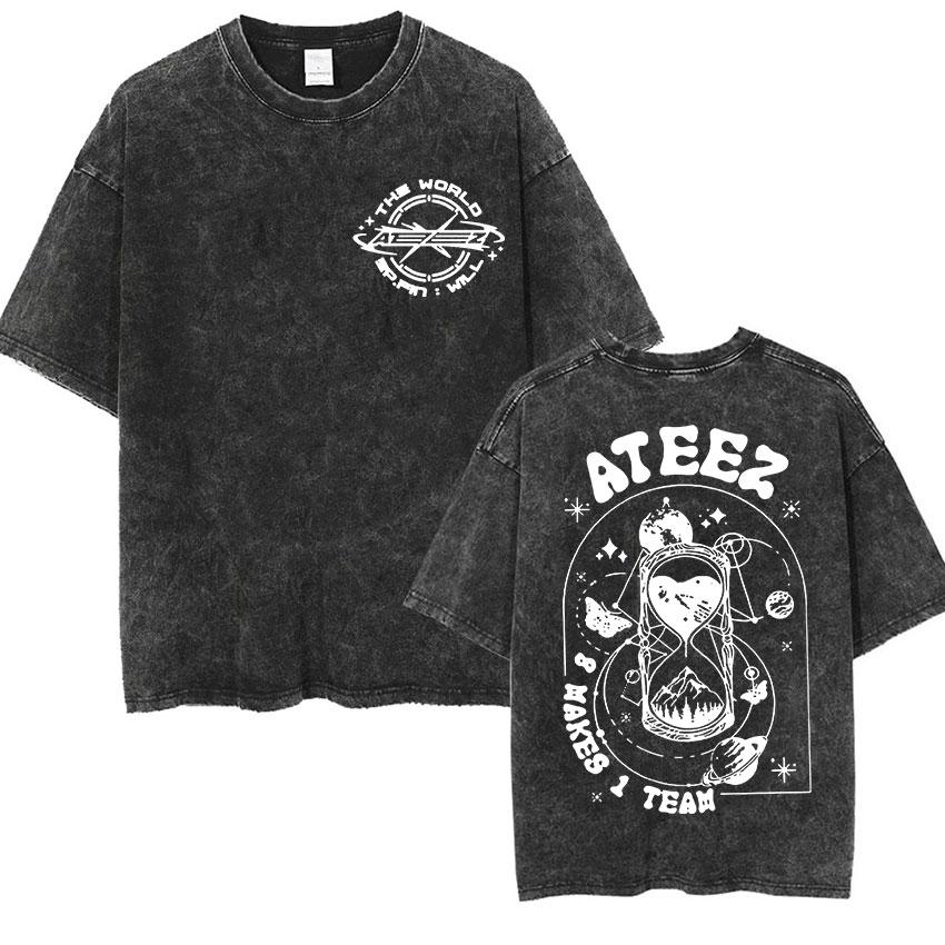Vintage Washed Ateez Yunho Kpop Band Album 2026 TShirt Mens Women Hip Hop Loose Korean Fashion Short Sleeve T Shirt Streetwear