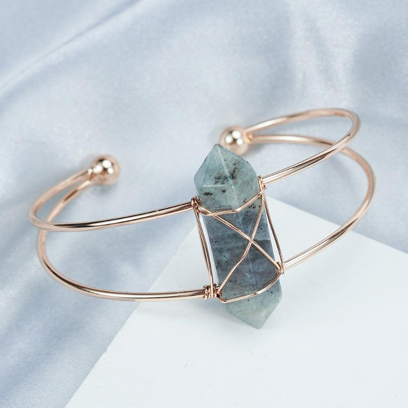 Meier Natural crystal bracelet - clear quartz, rose quartz, adjustable open wrap bracelet 3*7cm