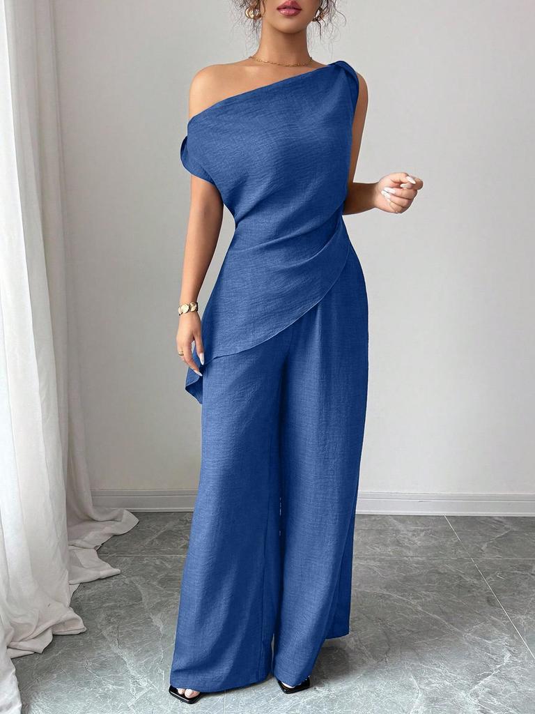 Elegant One-Shoulder Solid Color Women's Suit with Pocket Zipper Pants