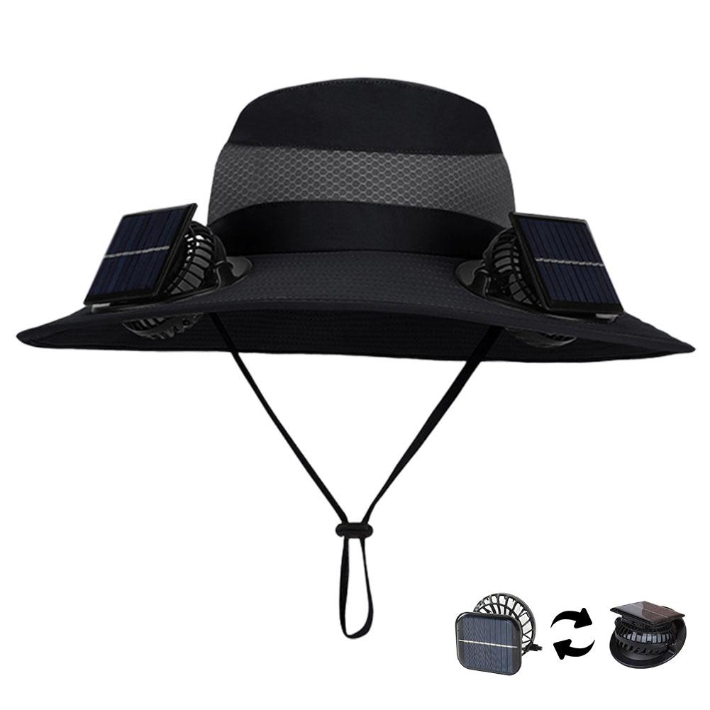 Outdoor Wide Brim Sun Hat with Solar/Charging Fan Outdoor Drawstring Fishing Hat Waterproof for Outdoor Riding Hiking Fishing
