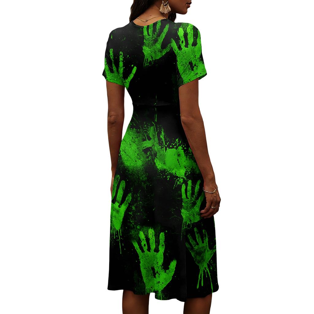 Women's Casual Short Sleeve V-Neck Dress with Halloween Print for Everyday Wear