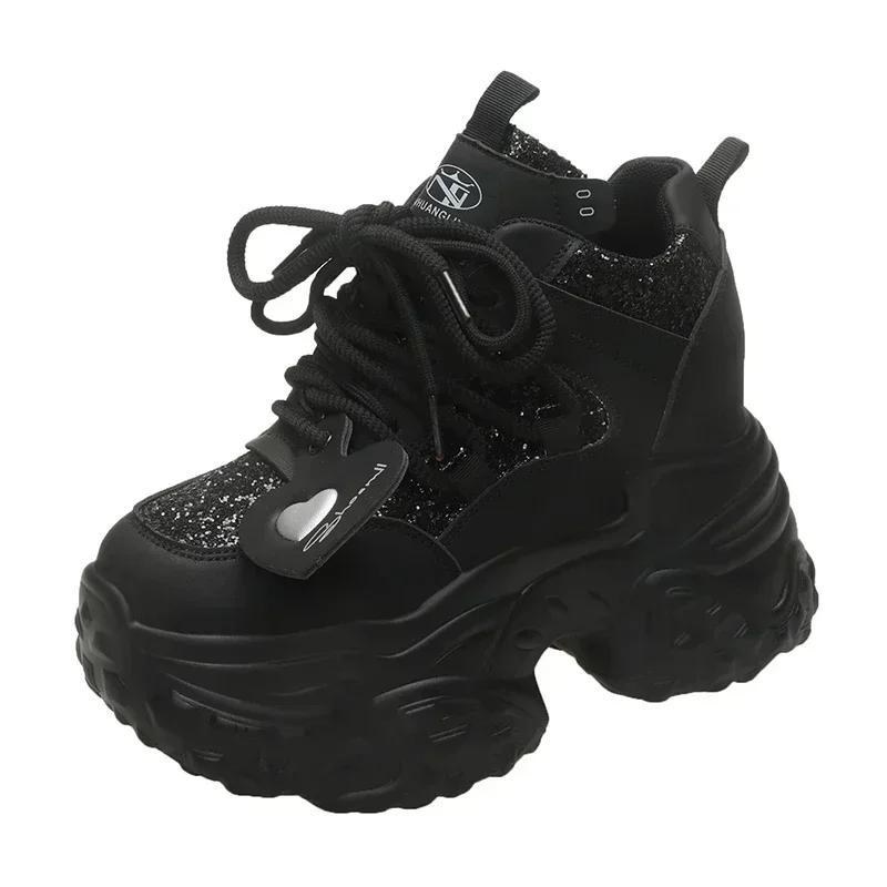 

Модные 7 см Женские Повседневные Кроссовки на Платформе на Высоком Каблуке Новая Весенняя Спортивная Кожаная Обувь Блестящие Массивные Кроссовки Zapatos Mujer 40 чёрный