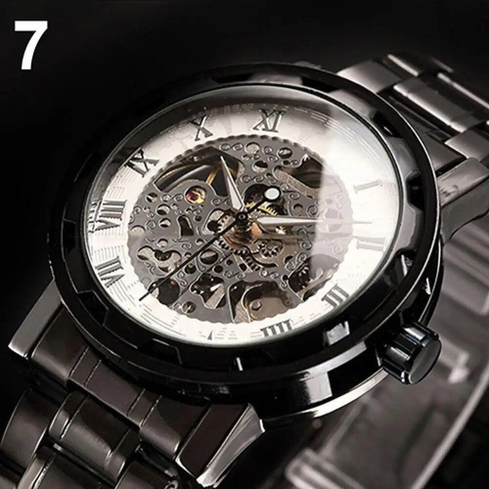 Men Skeleton Roman Numerals Hollow Dial Stainless Steel Band Mechanical Watch Fashion Men's Business Watch