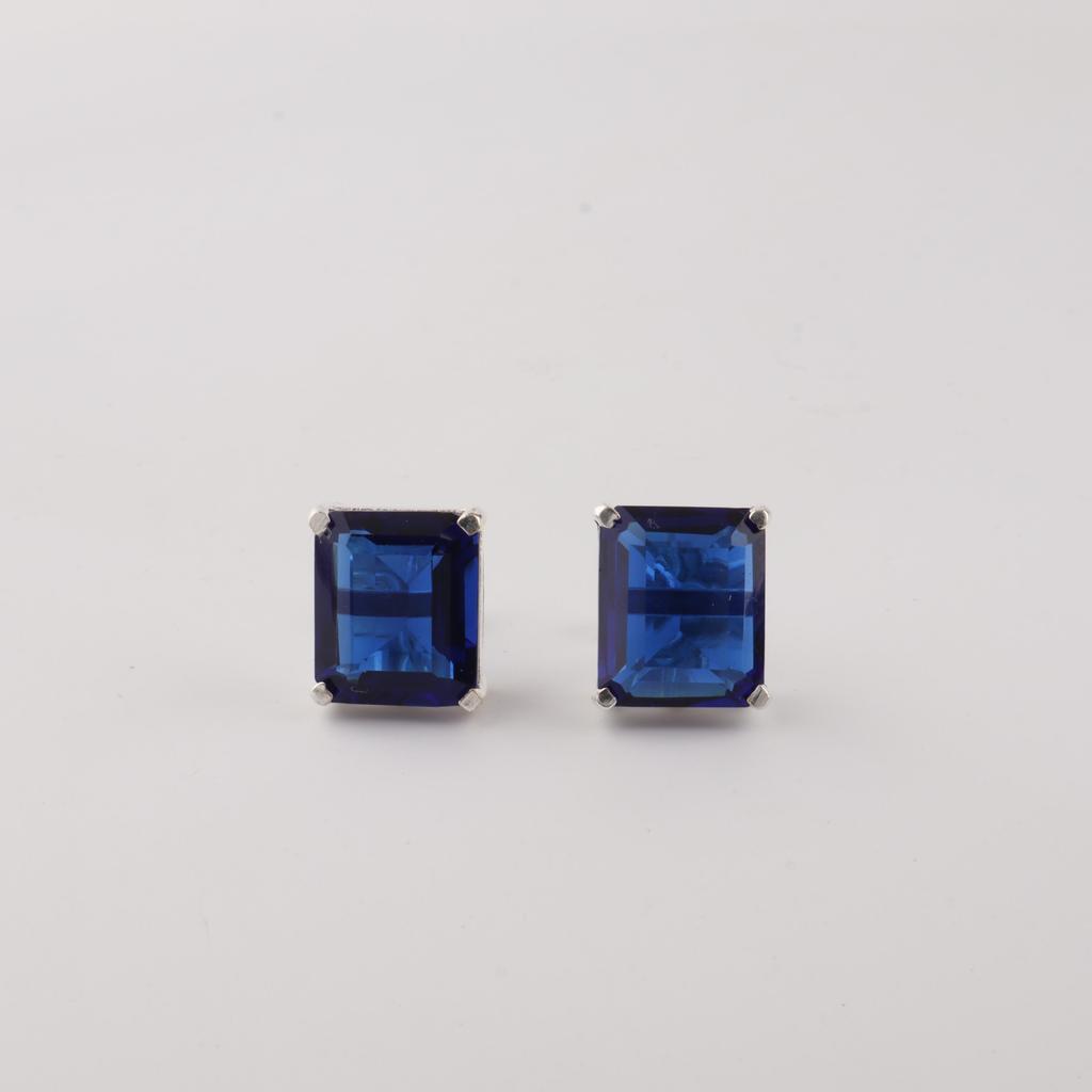 Blue Sapphire Gemstone 925 Sterling Silver Handmade Jewelry Partywear Stud Earrings 0.4" , September Birthstone, Anniversary Gift For Her EE-179-4