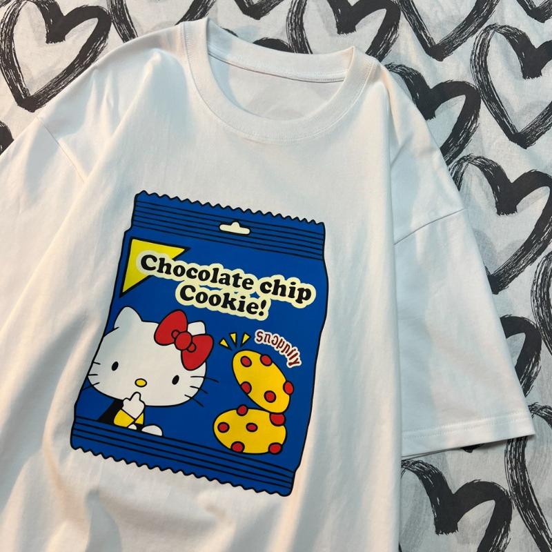2026 Hello Kitty Girls Clothes Sanrios Anime Kawaii Fashion Summer Loose Comfortable summer Womens Tshirt loose fit S