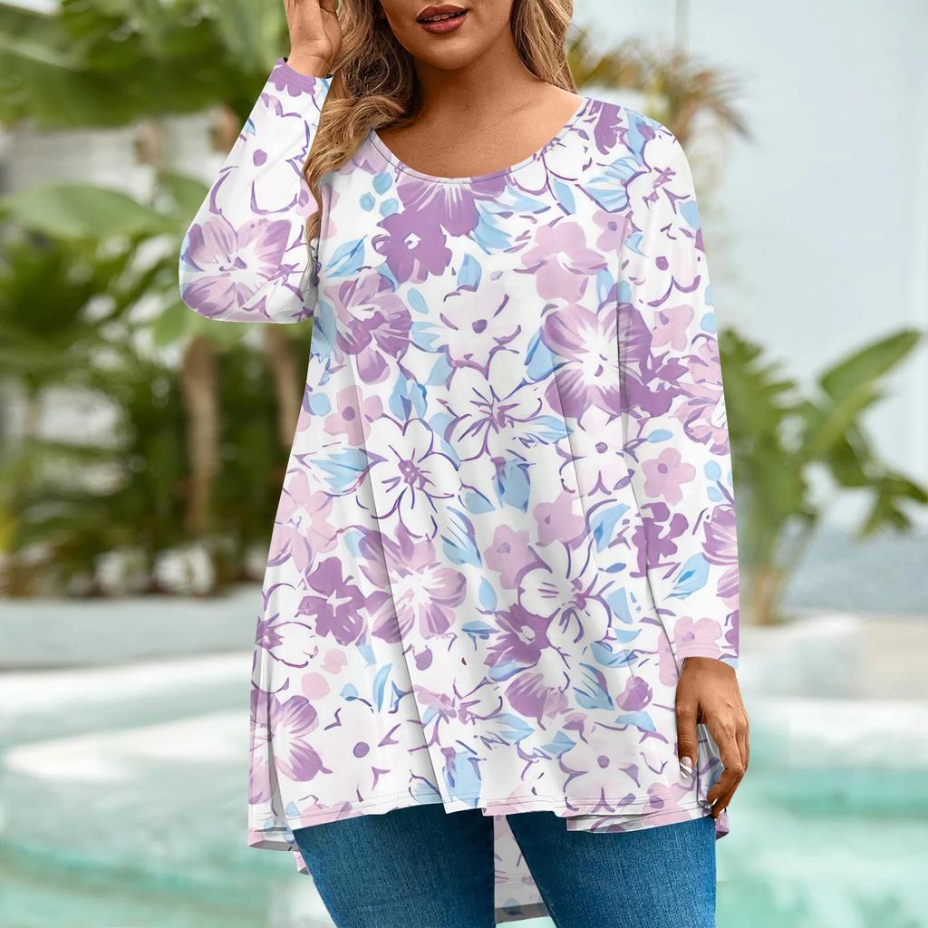 Women's Fashion Large Size Round Neck Long Sleeve Casual Print Loose Pullover Top
