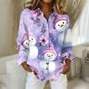 Women's Christmas Printed Button Up Long Sleeved Casual Regular Shirt With Collar Top