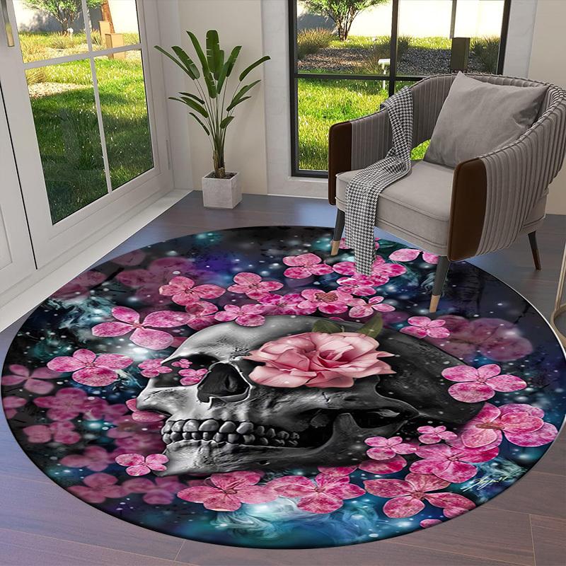 1pc Office Carpet Chair Mats Skull with Pink Flowers Circular Artwork Perfect for Decorating Office Chairss, Or Bedrooms.YDT482