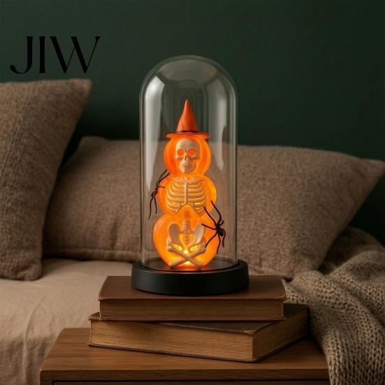 Creative Holiday Ornaments Halloween Pumpkin Skeleton Cloche Lamp, Lighted Stacking Skull In Clear Haunted House Decorations Dome with Witch