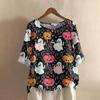 Camicia alla moda e casual da donna a maniche corte con scollo rotondo e stampa, blusa top in cotone e lino