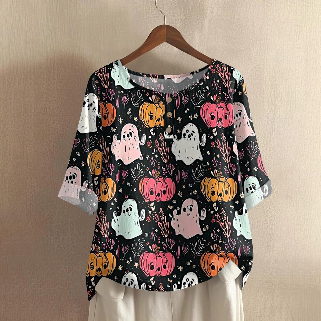 Camicia alla moda e casual da donna a maniche corte con scollo rotondo e stampa, blusa top in cotone e lino