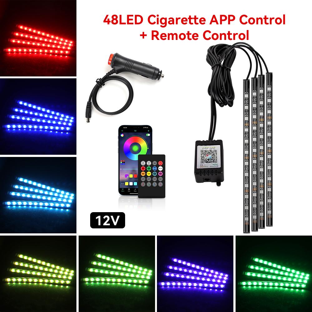 4in1 LED RGB Interior Ambient Car Light Strip Foot Light Dynamic Flash Light Music APP Control RGB Color USB/Cig Car Accessories
