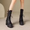New Women'S Cowboy Boots Platform Boots Round Toe Thick Heel High Boots Belt Buckle Western Mid Calf