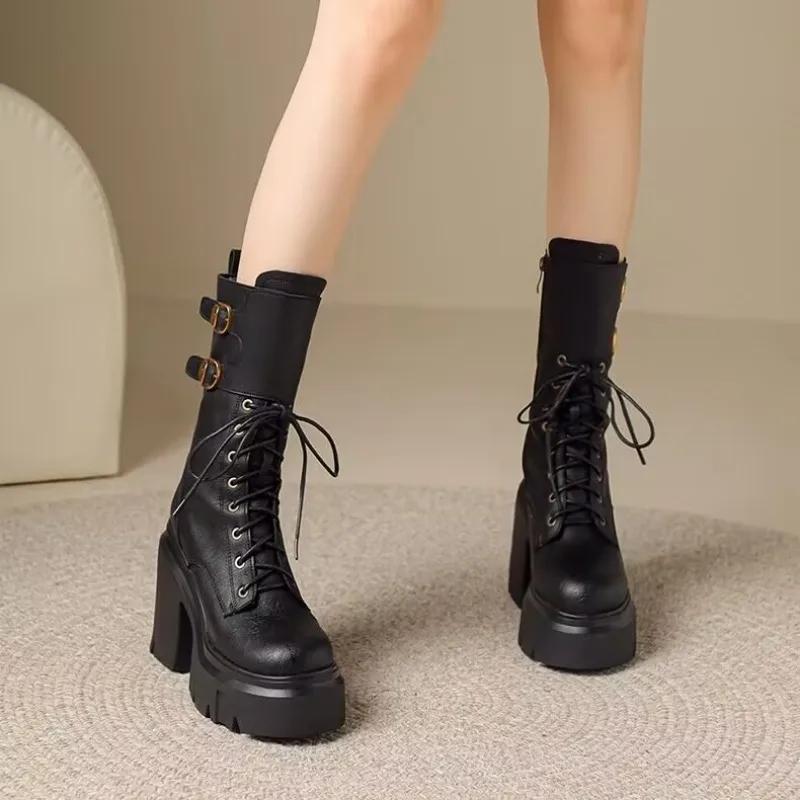 New Women'S Cowboy Boots Platform Boots Round Toe Thick Heel High Boots Belt Buckle Western Mid Calf