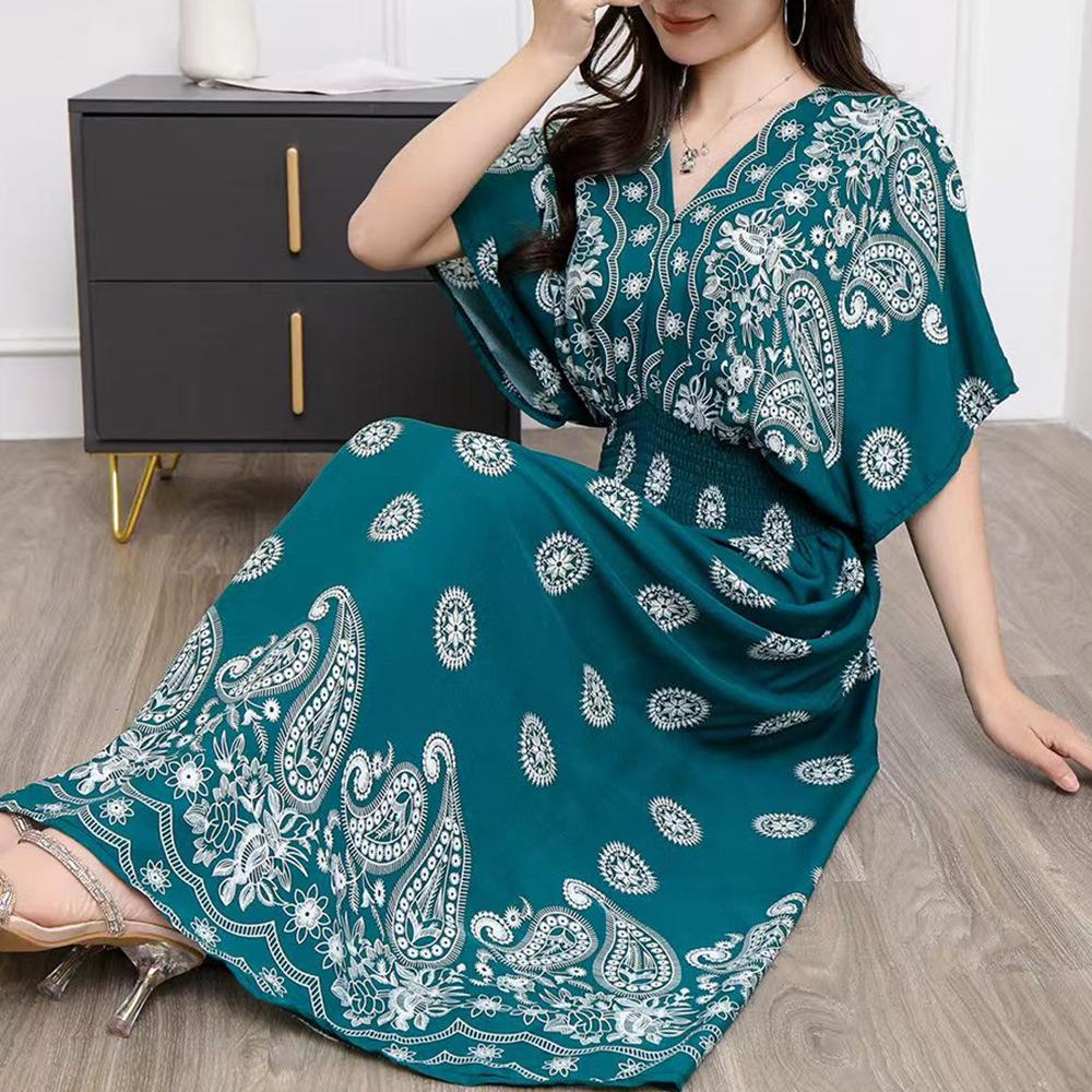 26-Year Floral V-Neck Cotton Silk Batwing Sleeve Beach Dress - Thailand Travel & Vacation Skirt Style