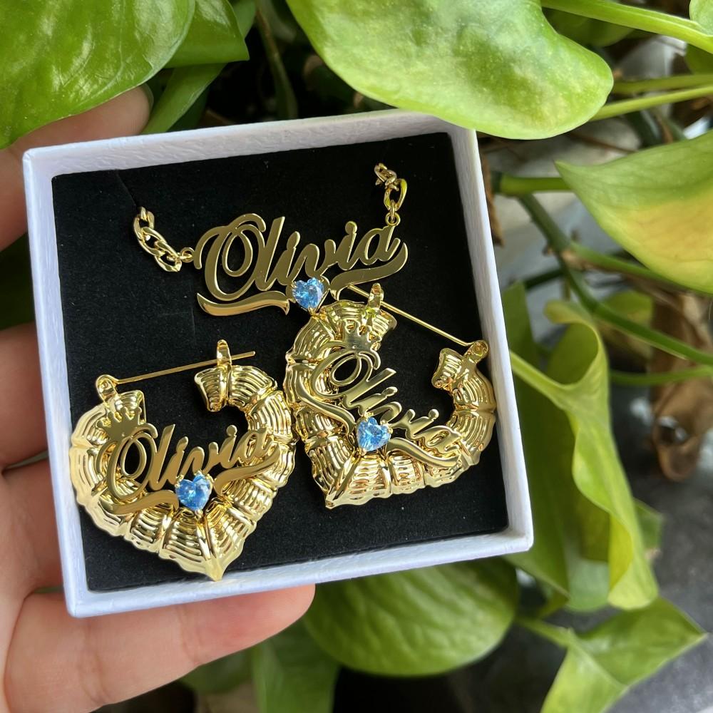 QIUHAN ODM 30mm Bamboo Earrings Nameplate Birthstone Necklace 3pcs Custom Name Jewelry Set