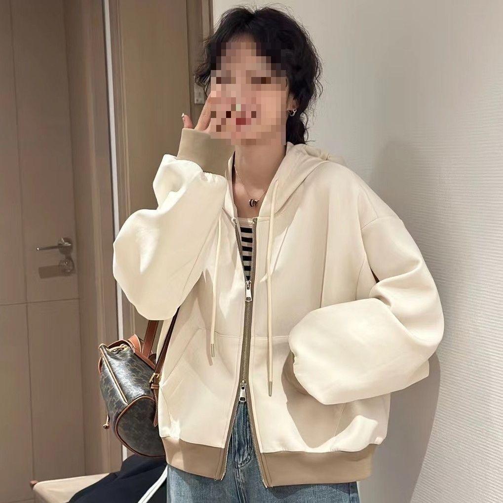 2025 Autumn-Winter Women's Patchwork Hooded Jacket: Loose Fit, Casual Zip-Up Petite Sweatshirt