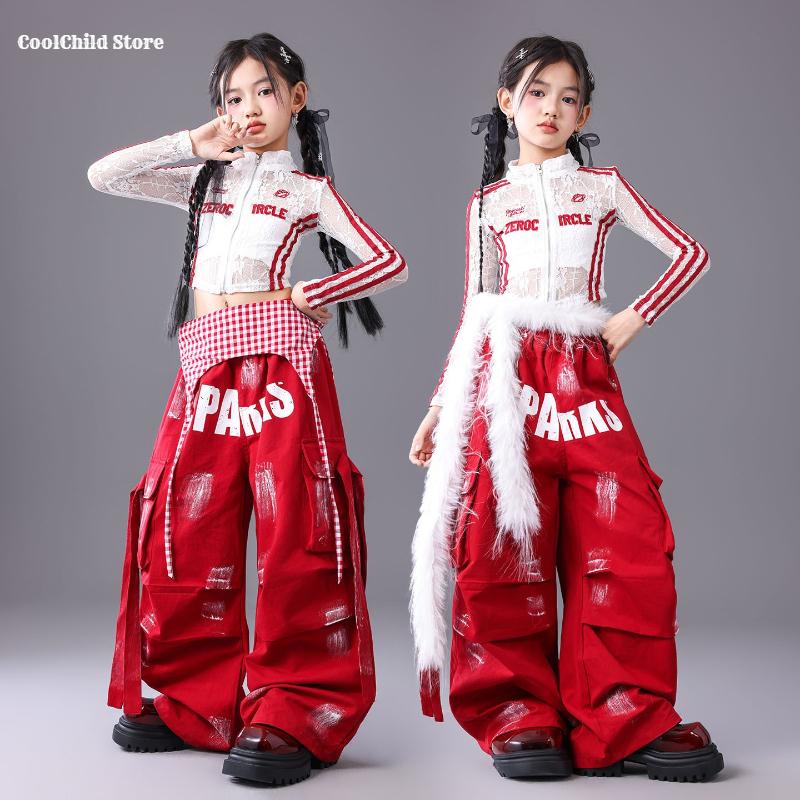 Girls Hip Hop Mesh Crop Jacket Paint-Speckled Cargo Pants Costumes Kids Streetwear Children Jazz Girl Group K-pop Clothes Sets