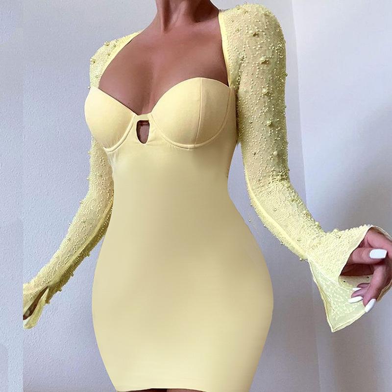 Americký Tenký Starší Smysl Zralý Sexy Sukně na Hrudník a Boky Módní Korálky Dlouhý Rukáv Temperament Štíhlé Šaty Ženy