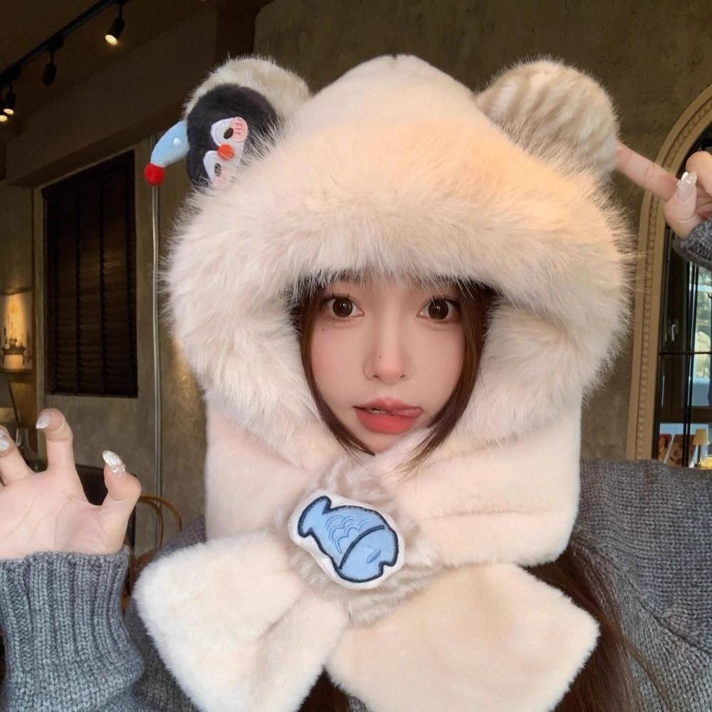 Polyester Material Winter Balaclava Windproof Hooded Scarf Set Warm Penguin Plush Hat For Students