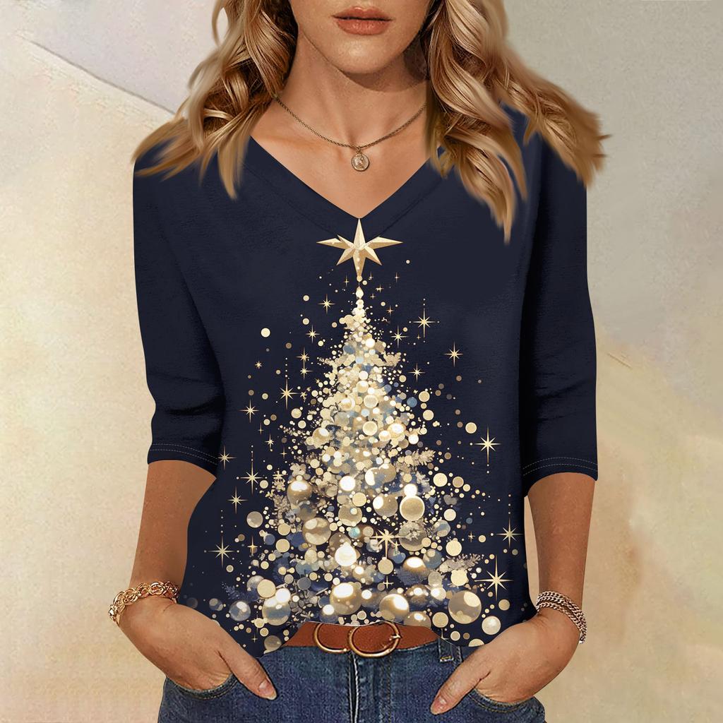 3/4 Sleeve Shirts For Women Print Christmas Tees Blouses Casual Plus Size Basic Tops Pullover