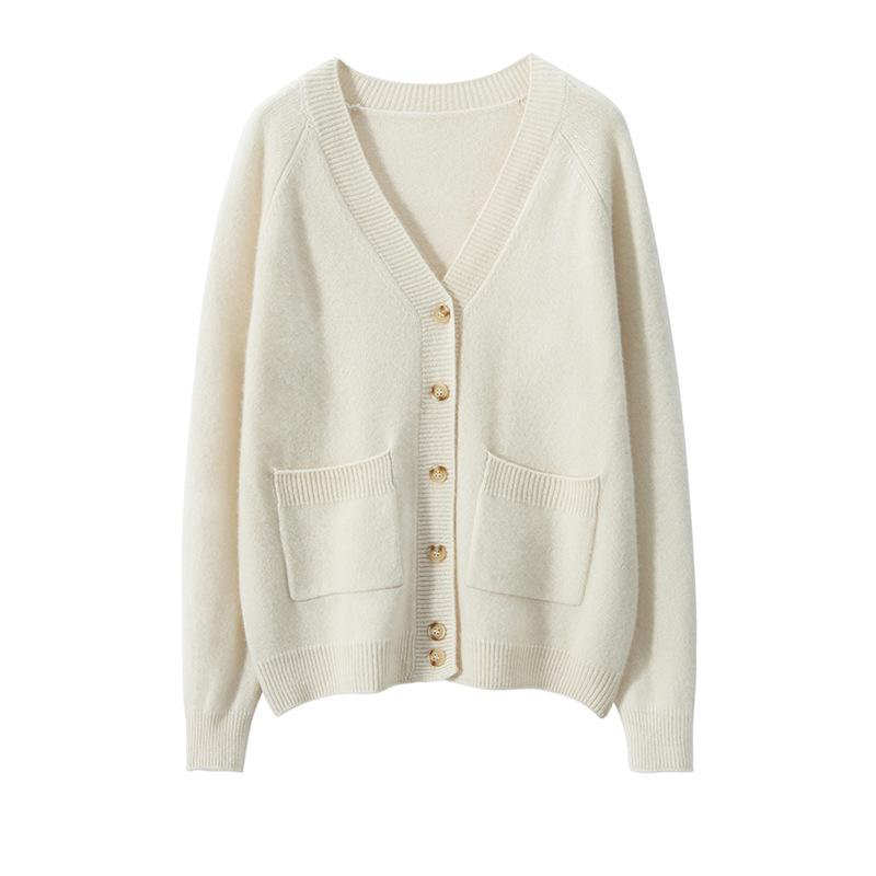 Women's Cashmere V-neck Cardigan: Autumn/Winter, Slimming, Knitted, Raglan Sleeve, Versatile Sweater.