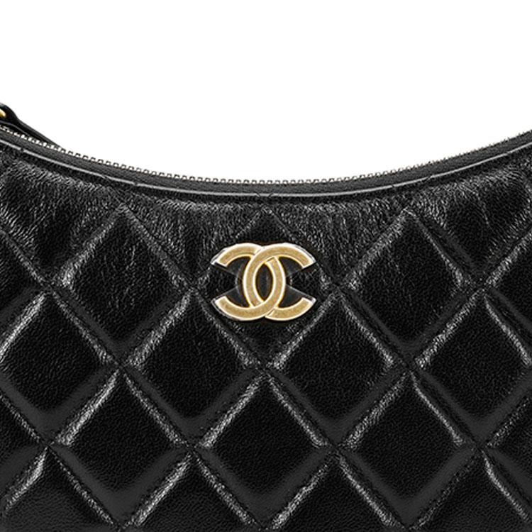 Chanel 23B Black Quilted Lambskin Gold Buckle Chain Hobo Shoulder Underarm Crossbody Handbag Women Bag