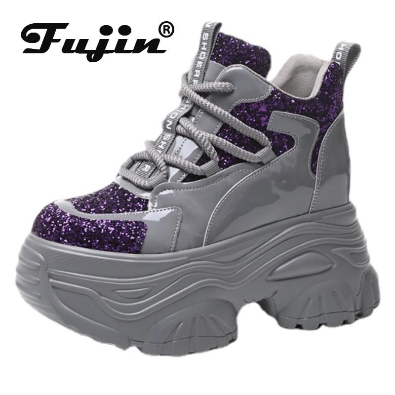 

Fujin 8 см лакированная натуральная кожа синтетическая блестящая платформа на танкетке женские модные массивные кроссовки весна зима осень плюшевая обувь