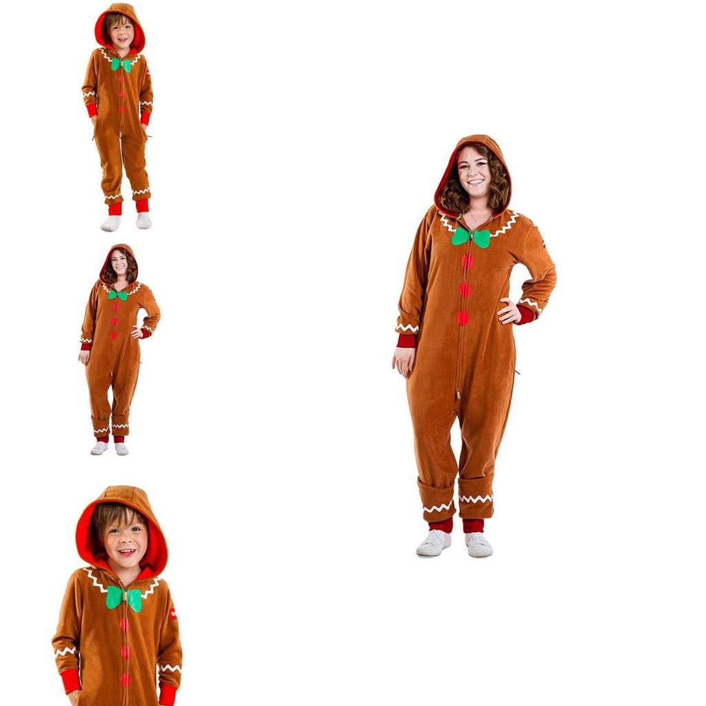 Xmas Party Hooded Jumpsuits For Kids Adult Gingerbread Man Cosplay Costume