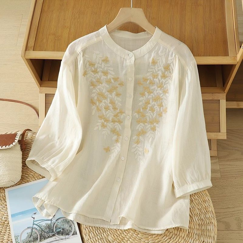 

Женские Летние Винтажные Этнические Рубашки Оверсайз Хлопок Лен Вышивка Свободные Повседневные Топы Одежда Большого Размера M