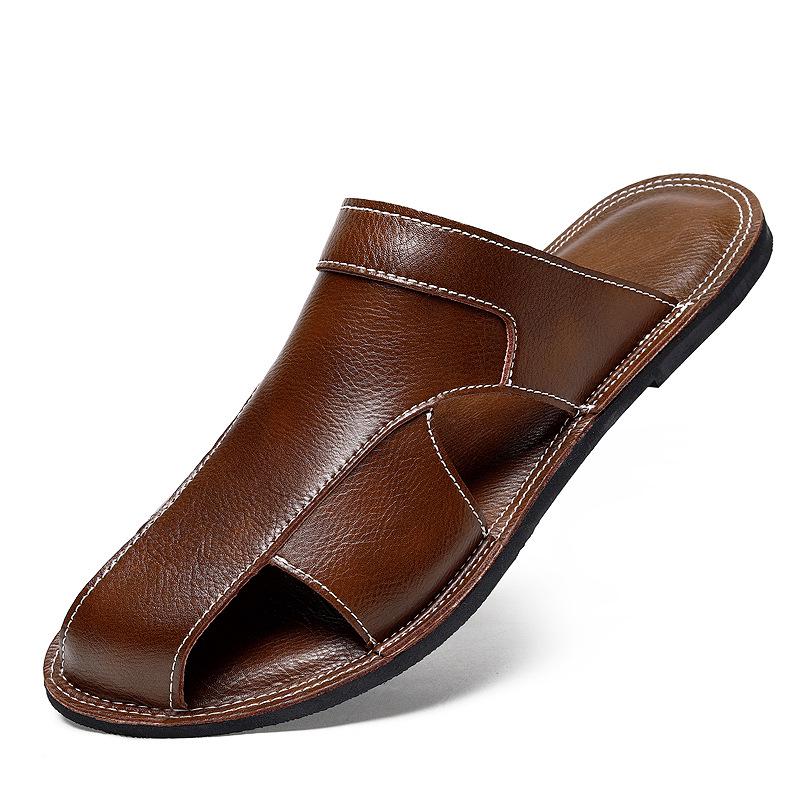 Men s Large Genuine Leather Dual-Use Summer Beach Slippers 39