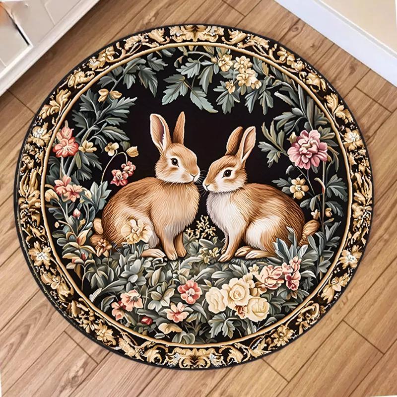 Cute Rabbit Round Carpet Ethnic Style Flowers Bunny Area Rug Soft Non-slip Animal Home Decor Floor Mat Holiday Living Room Decor