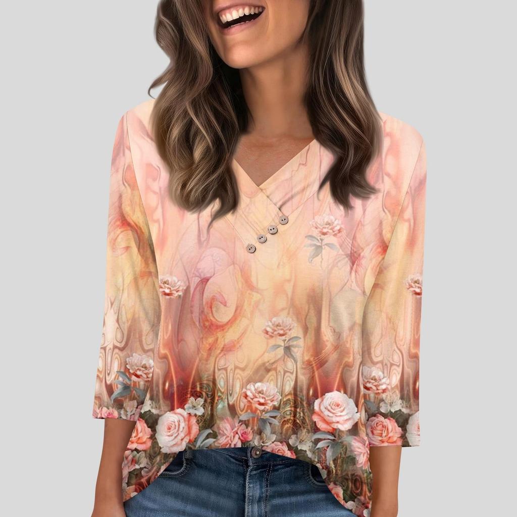 Women's T Shirt Tee Button  3/4 Sleeve Tunic Daily Weekend Fashion Basic V- Neck Regular Top
