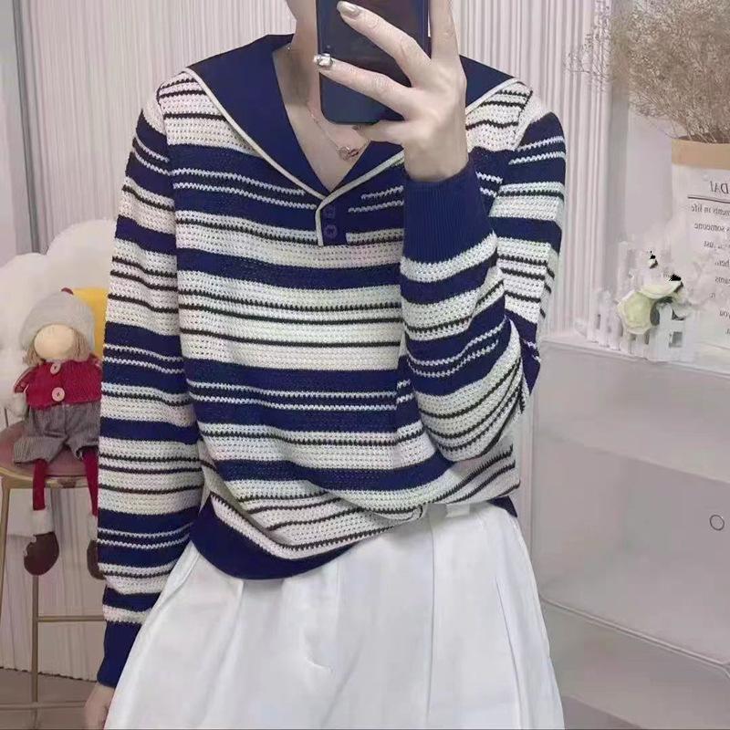 

Жіночий темно-синій светр у смужку з коміром: Нова осінньо-зимова мода, пуловер трикотажний з довгим рукавом, що омолоджує. S темно-синього кольору