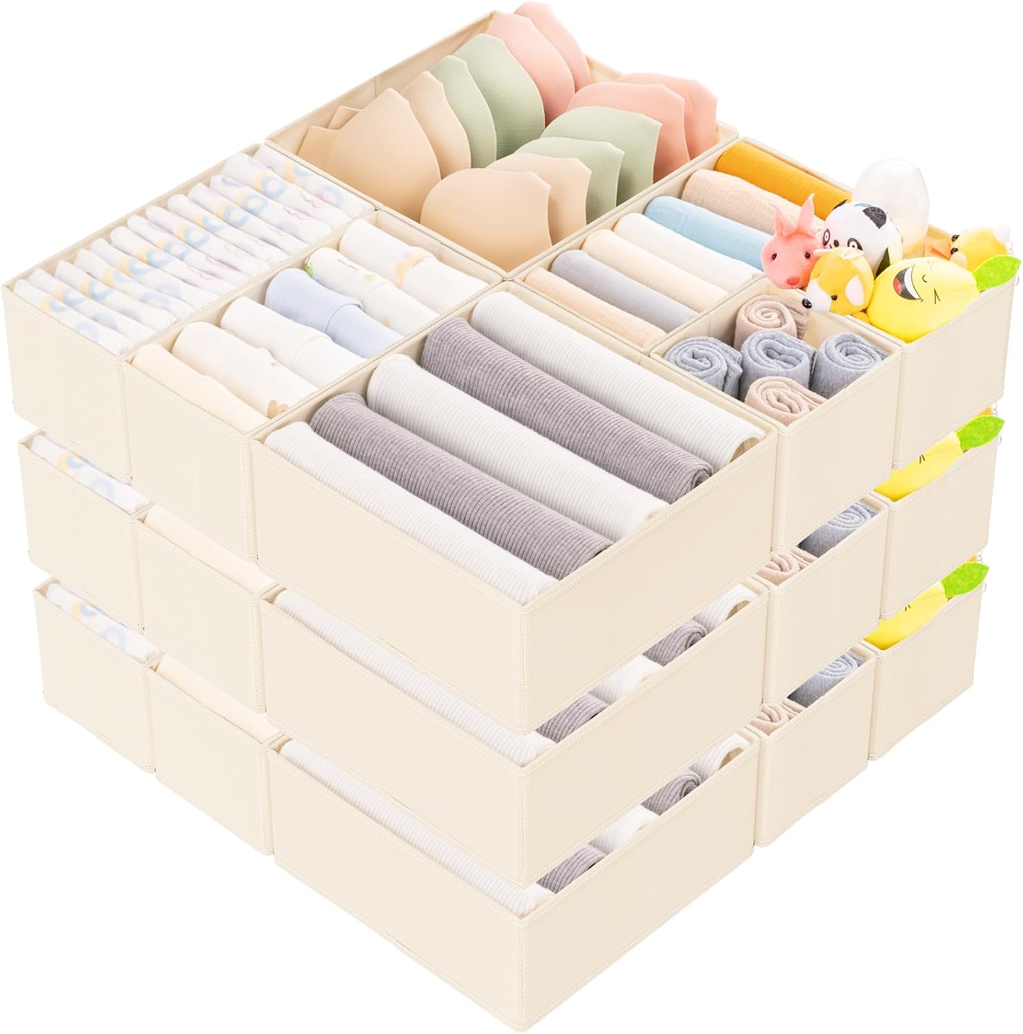 

15 Pack Drawer Organizer for Clothes, Foldable Dresser Dividers with 3 Sizes, Fabric Storage Bins – Beige бежевий