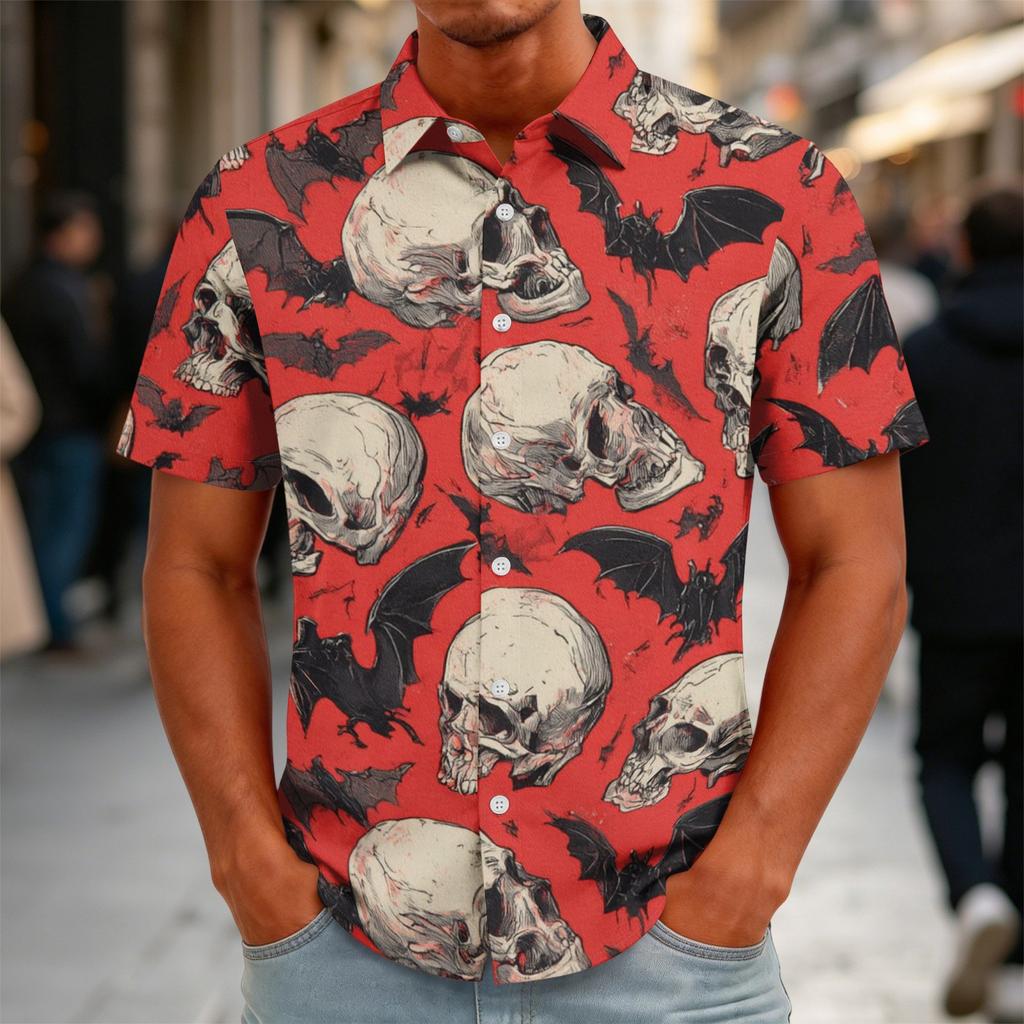 Men's Halloween Print Vintage Texture Button Down Cardigan, Loose Fit Breathable Summer Streetwear Casual Shirt