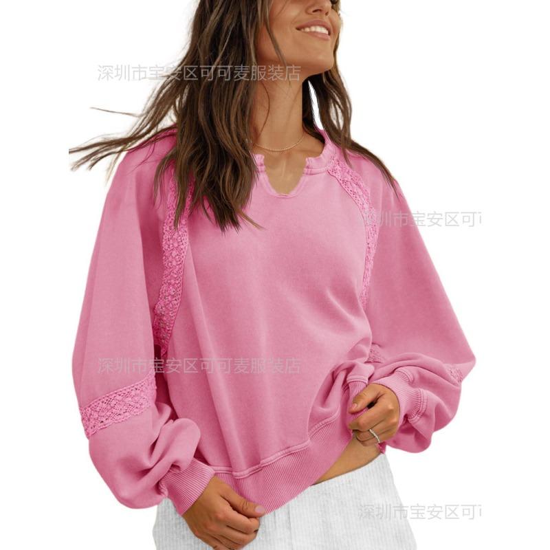 New Autumn and Winter Women's Lace Design Loose Pullover Solid Color V-neck Sweatshirt