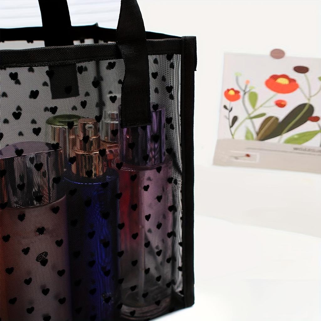 1pc Black Mesh Tote Bag with Heart Decor, Minimalist Cosmetic Storage Handbag for Women, Durable & Lightweight Design, Sturdy White Dots Pattern