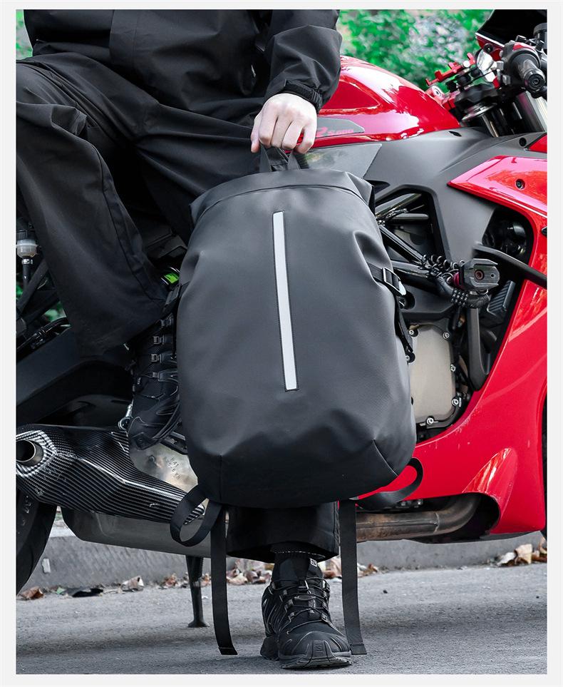 Water-Repellent Leather Motorcycle Backpack with Reflective Strips and Large Capacity
