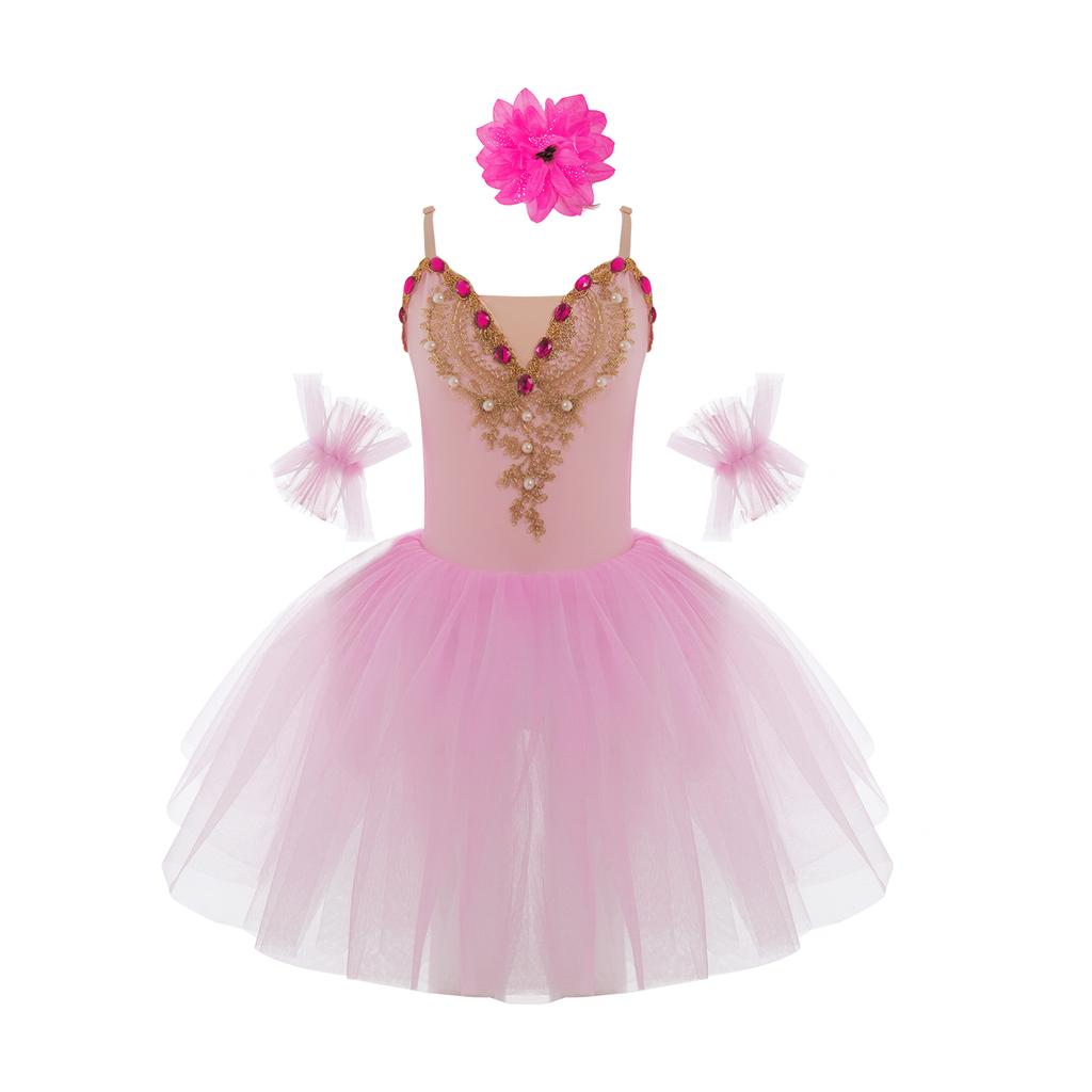 Girls Ballet Dance Dress, Sleeveless Tutu with Spaghetti Straps, Rhinestone & Lace Decor, Mesh Skirt + Headdress & Ruffle Band