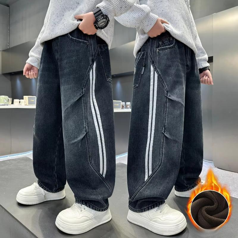 Boys Fleece Lined Jeans Side Stripe Autumn Winter Loose Soft Straight Leg Wide Denim Pants Warm Trousers for Teenage Children