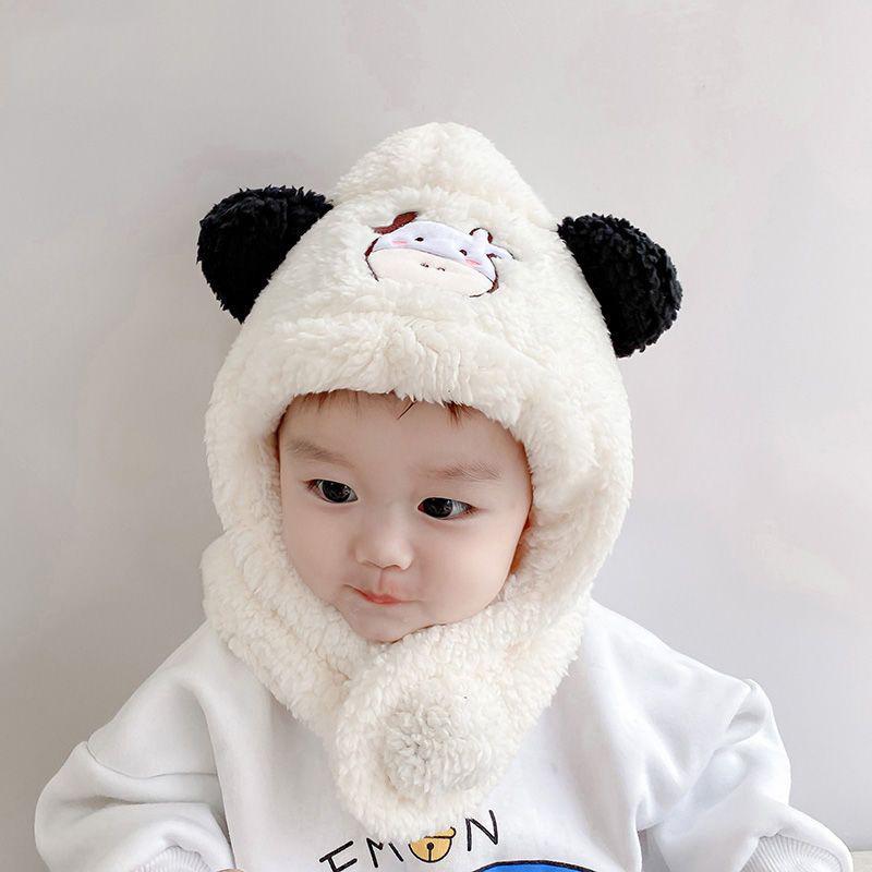 Winter Baby Scarf Hat One Piece Cute Cartoon Kids Plush Ear Protection Cap Boys Girls Warm Headgear Children Hooded Beanies