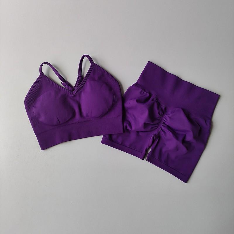 Womens 2-Piece Yoga Set With Built-in Bra High-Waisted 3/4 Legging Shorts Quick-Dry Stretch Sports Suit Gym Workout