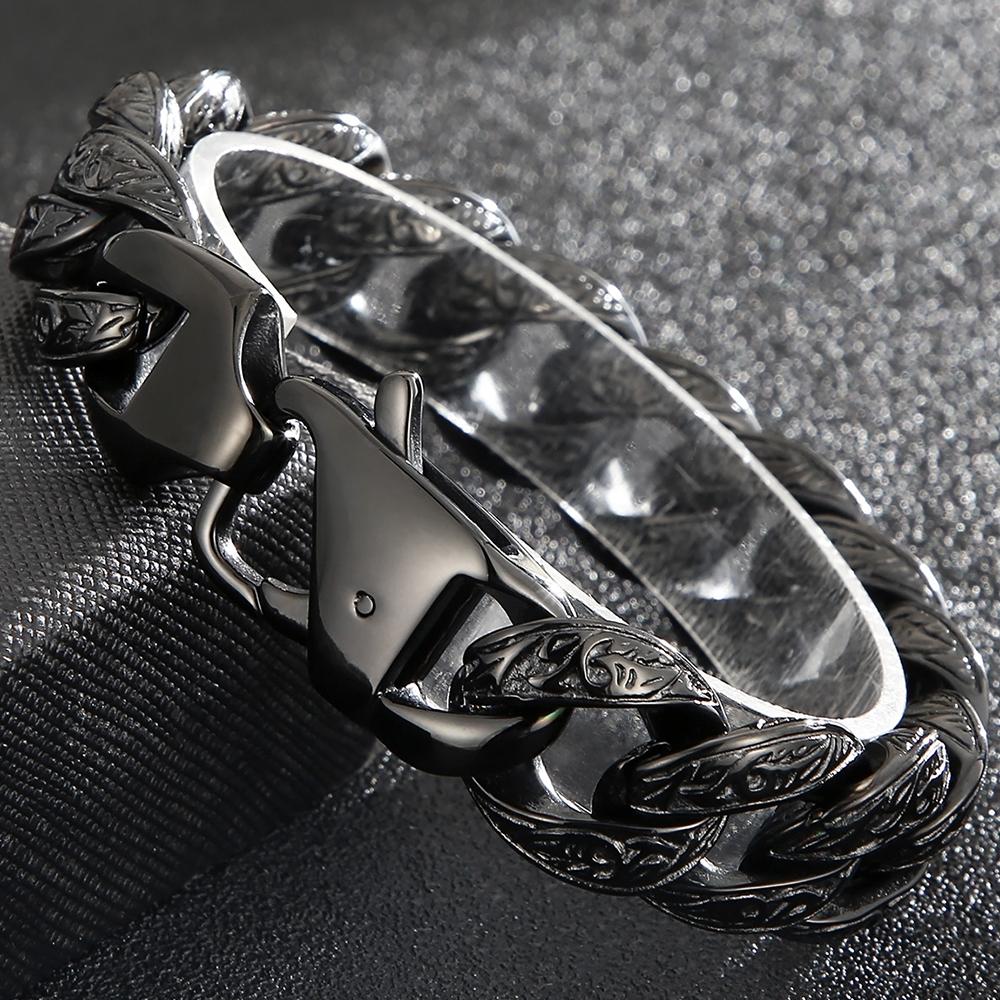 Vintage Black Gold Color Cuban Link Chain Bracelet for Men Solid Stainless Steel Men's Bracelets Birthday Gifts for Dad Husband Him