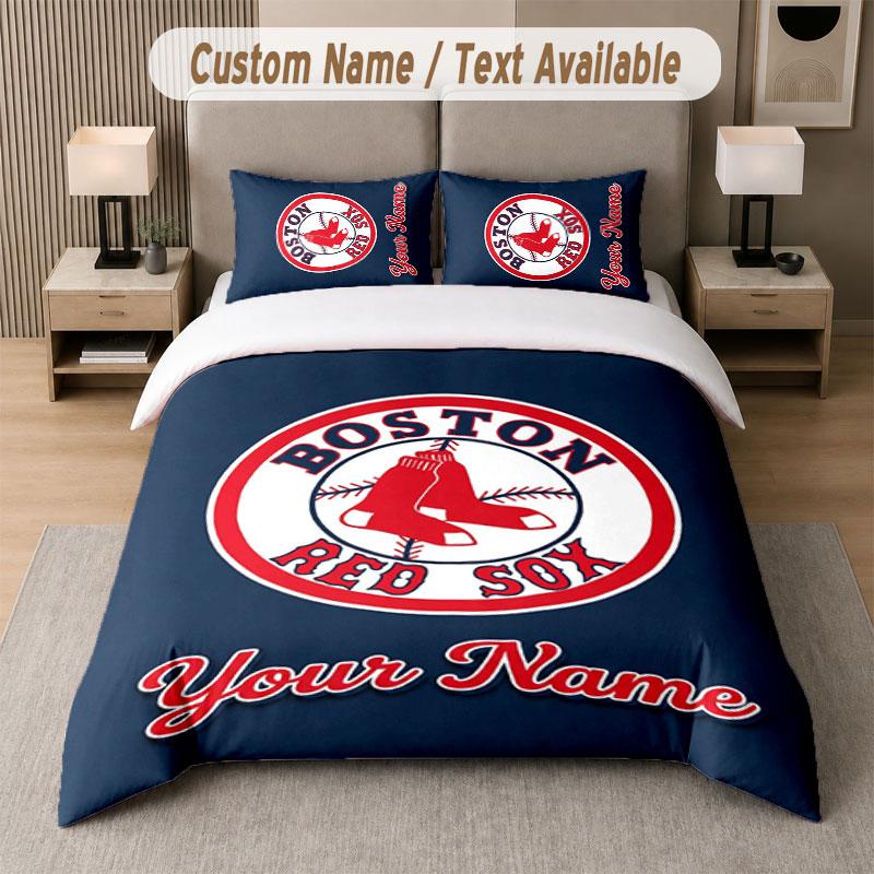 Custom Bedding Set Boston Red Sox Pattern, Print Name Text 1 Duvet Cover Plus 2 Pillowcases Home Textile